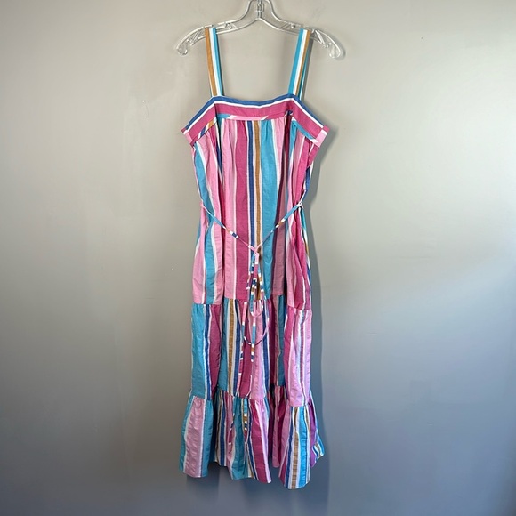 Lemlem Striped Jima Sweepy Banu Midi Summer Aqua Pink Blue Dress Size Medium - Picture 2 of 15